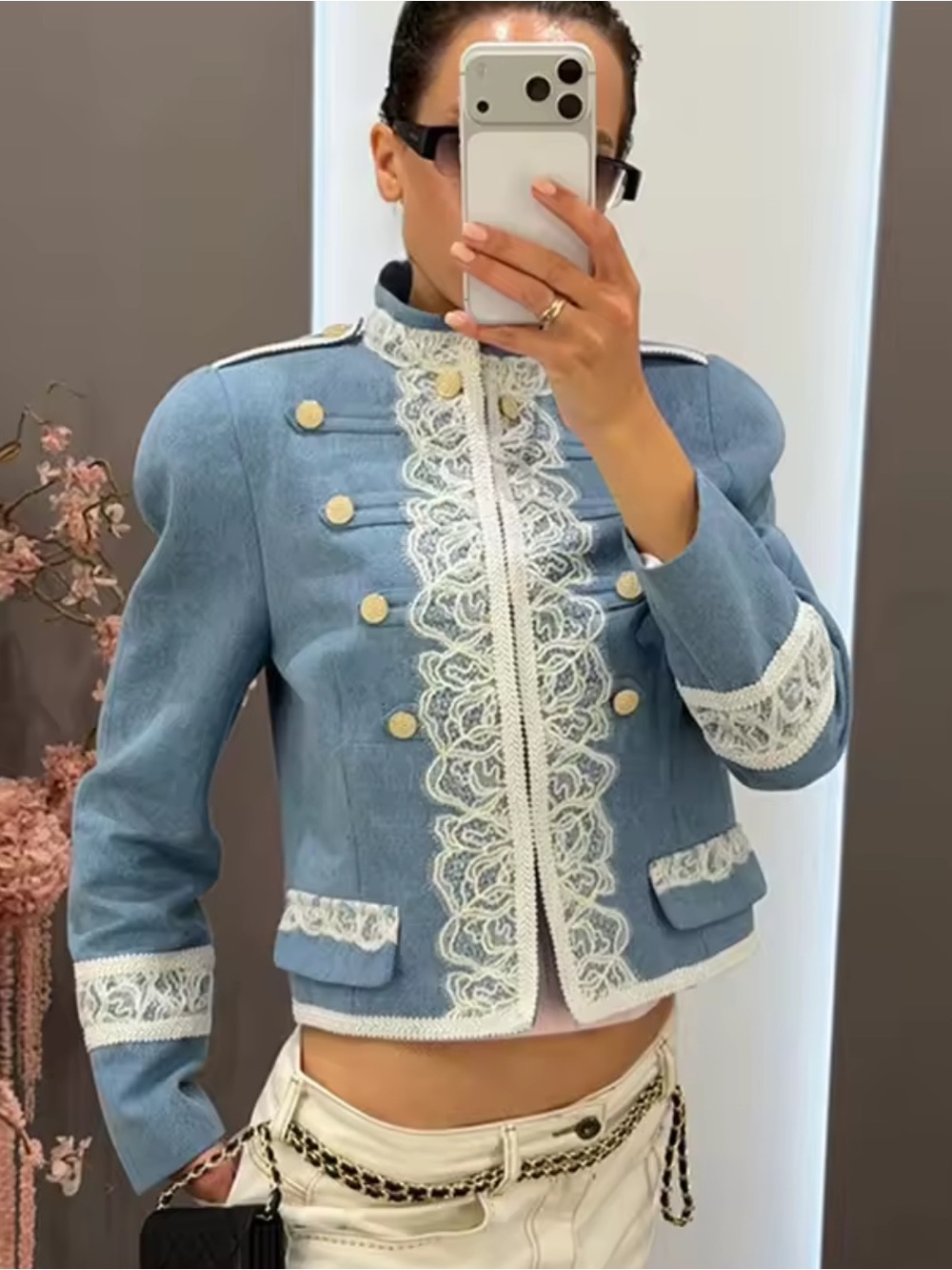 Vintage Military Women's Denim Cropped Jacket Stand Collar Lace Buttons Slim
